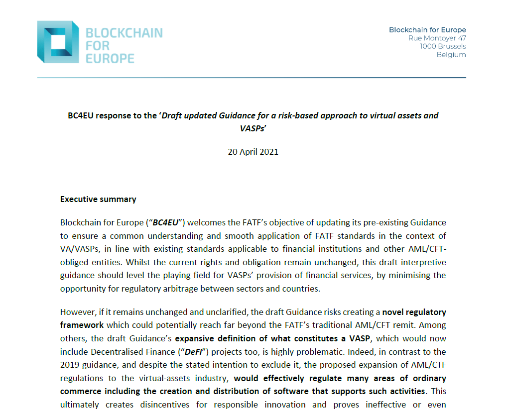 Blockchain for Europe responds to the FATF consultation on the Guidance for a risk-based approach to virtual assets and VASPs