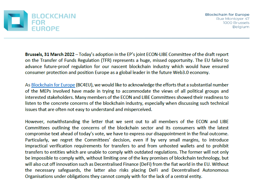 EP vote on Transfer of Funds Regulation threatens future of EU blockchain industry
