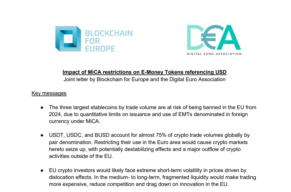 Impact of MiCA restrictions on E-Money Tokens referencing USD – joint BC4EU/Digital Euro Association letter