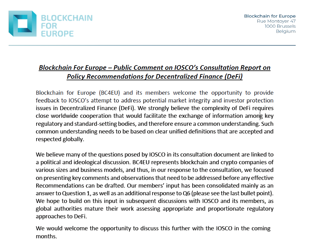 BC4EU Response to IOSCO Consultation on DeFi