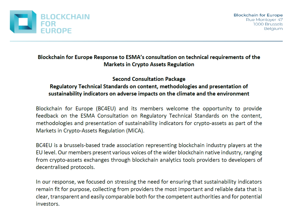 MiCA Level 2 – BC4EU Response to ESMA Consultation on sustainability indicators for crypto-assets
